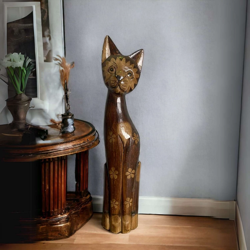 GATO MADERA ARTESANAL 60 CM CAFE OSCURO - 2