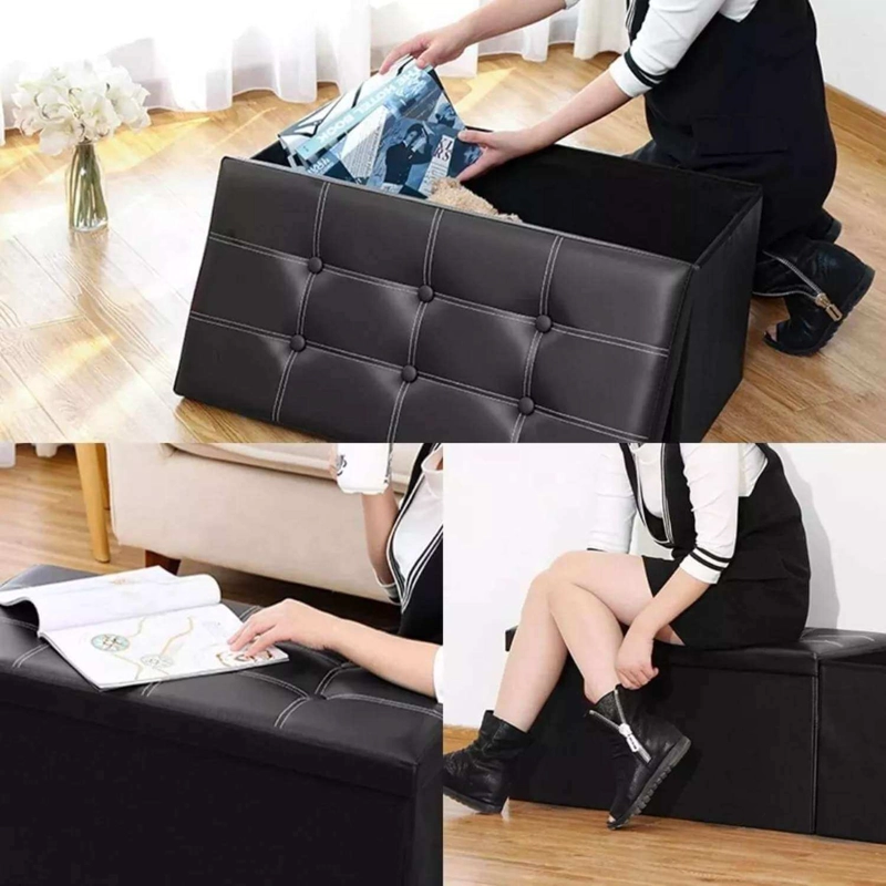 BANCO BAÚL OTOMANO PLEGABLE DE ECOCUERO NEGRO - 6