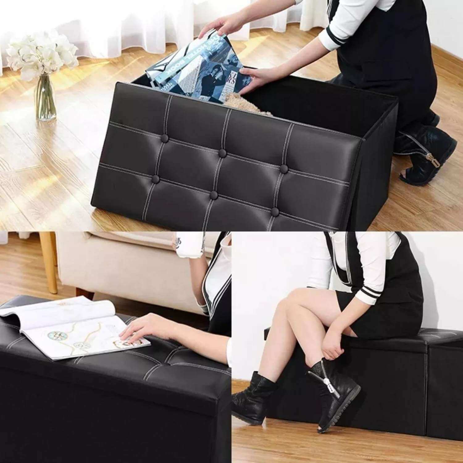 BANCO BAÚL OTOMANO PLEGABLE DE ECOCUERO NEGRO - 6