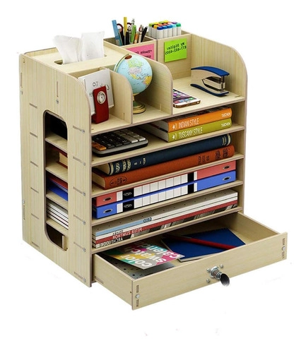 ORGANIZADOR DE ESCRITORIO MULTIUSO DE MADERA BEIGE - 1