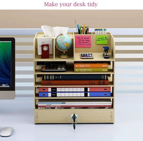 ORGANIZADOR DE ESCRITORIO MULTIUSO DE MADERA BEIGE - 2