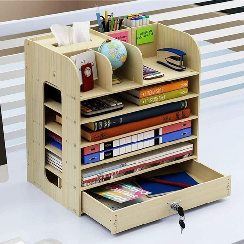 ORGANIZADOR DE ESCRITORIO MULTIUSO DE MADERA BEIGE - 3