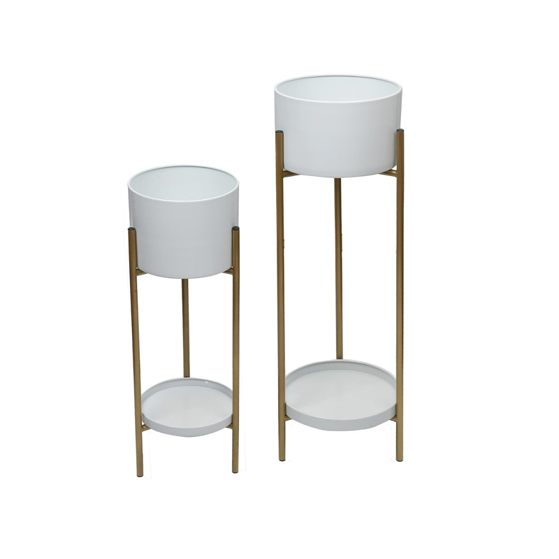 SET 2 MACETEROS CON PEDESTAL METAL BLANCO DORADO - 1