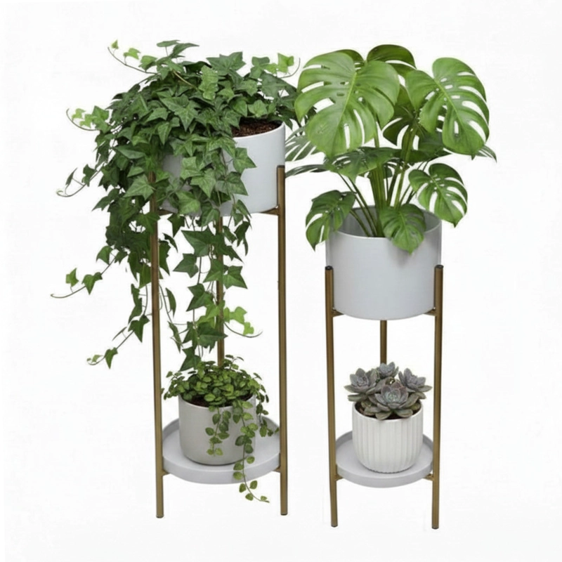 SET 2 MACETEROS CON PEDESTAL METAL BLANCO DORADO - 2