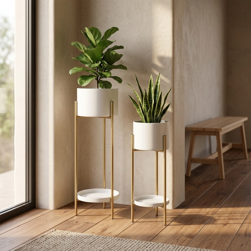 SET 2 MACETEROS CON PEDESTAL METAL BLANCO DORADO - 4