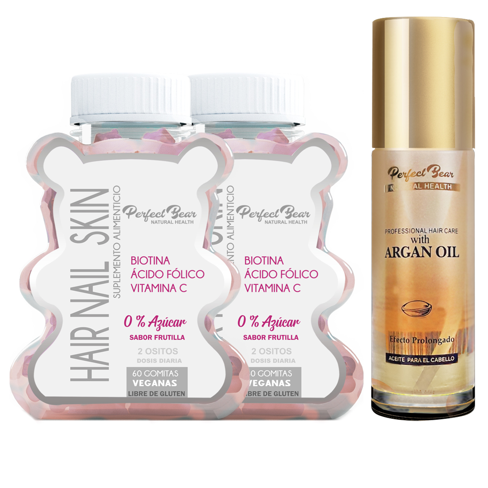 VITAMINAS PERFECT BEAR CABELLO HAIR NAIL & SKIN % AZUCAR BIOTINA 2 MESES CAPS BLANDAS + ACEITE ARGAN - 1