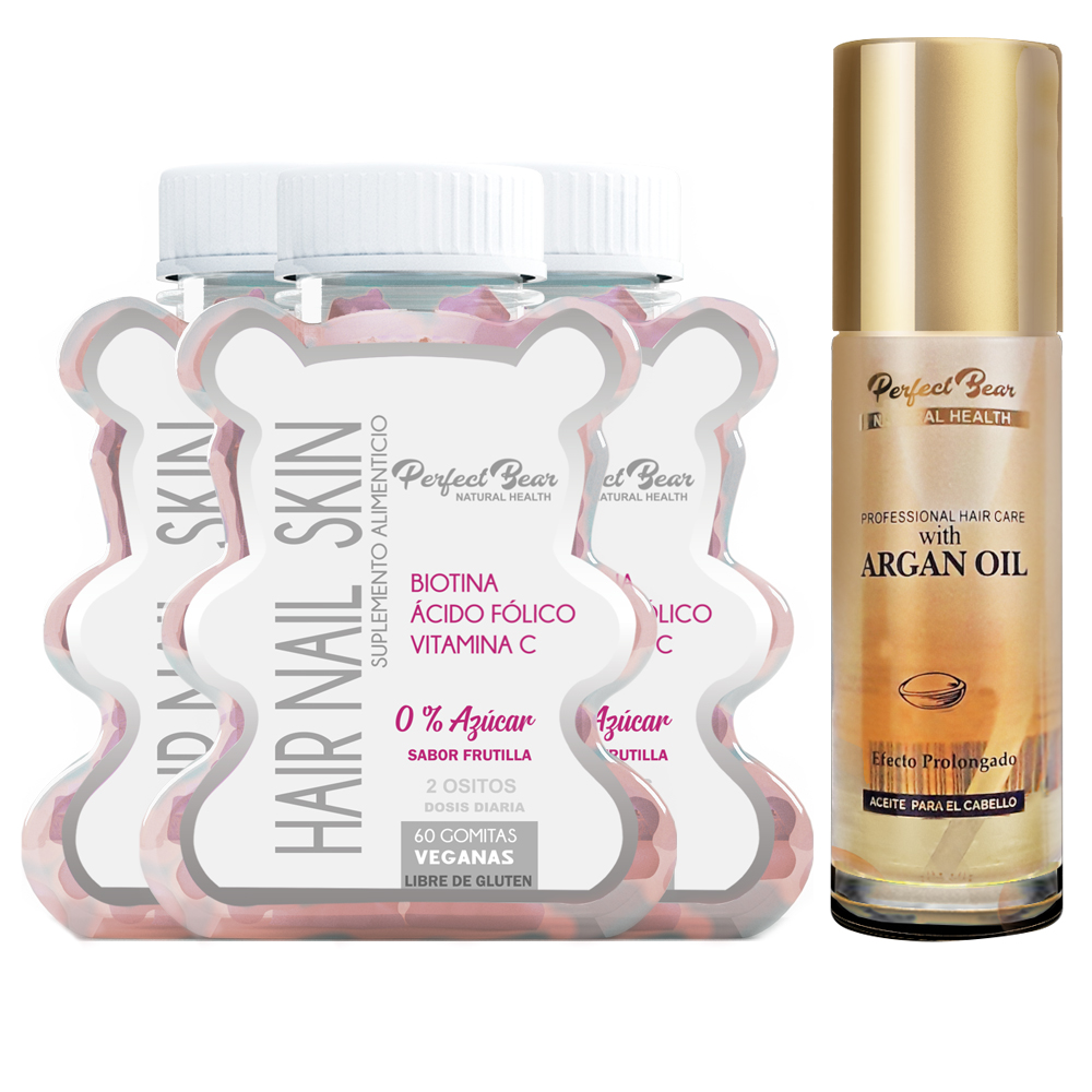 VITAMINAS PERFECT BEAR CABELLO HAIR NAIL & SKIN % AZUCAR BIOTINA 2 MESES CAPS BLANDAS + ACEITE ARGAN - 1
