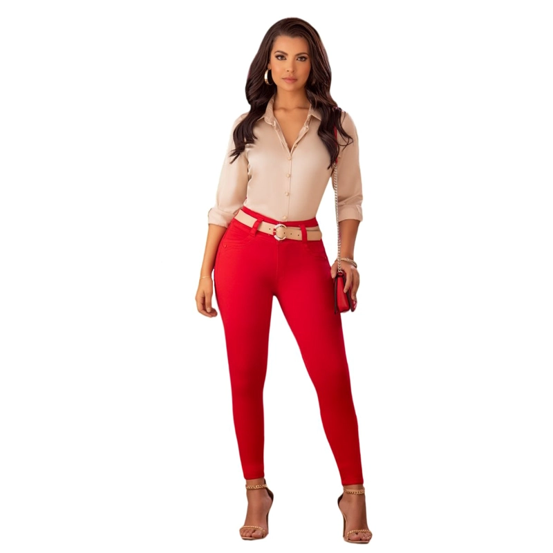 JEAN MUJER DRAXY ROJO COLOMBIANO LEVANTACOLA ORIGINAL BOTA PITILLO CON BOLSILLOS 1549 R2 - 1
