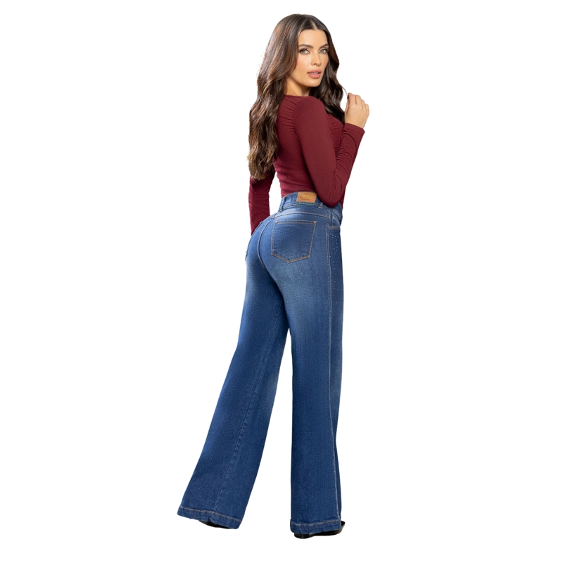 JEAN COLOMBIANO TIRO ALTO PUSH UP BOTA CAMPANA MUJER AZUL R1848 - 4
