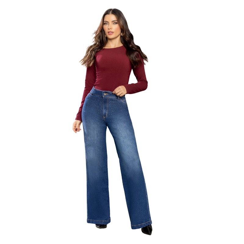 JEAN COLOMBIANO TIRO ALTO PUSH UP BOTA CAMPANA MUJER AZUL R1848 - 5
