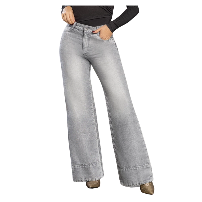 JEAN COLOMBIANO TIRO ALTO PUSH UP BOTA CAMPANA MUJER GRIS ESCARCHADO R1850 - 1