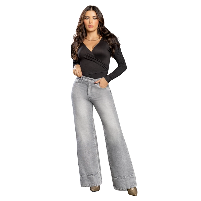 JEAN COLOMBIANO TIRO ALTO PUSH UP BOTA CAMPANA MUJER GRIS ESCARCHADO R1850 - 3