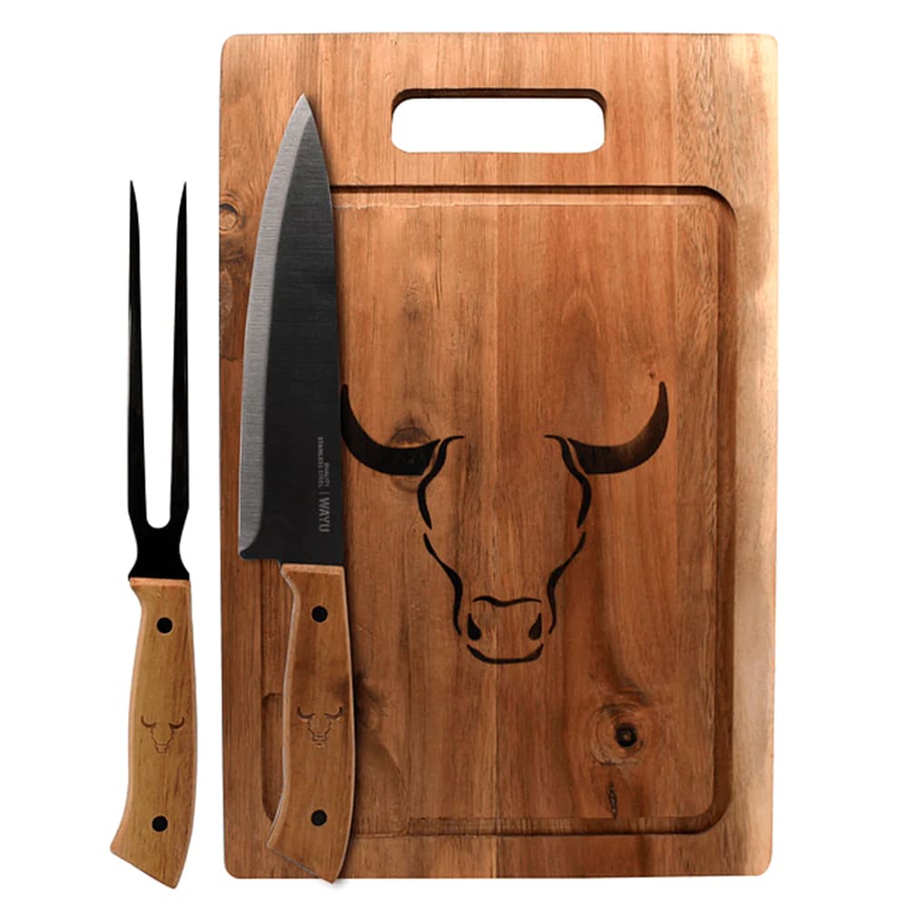 SET TABLA CUCHILLO TENEDOR PRM WAYU COCINA ESPECIAL ASADOS BBQ - 1