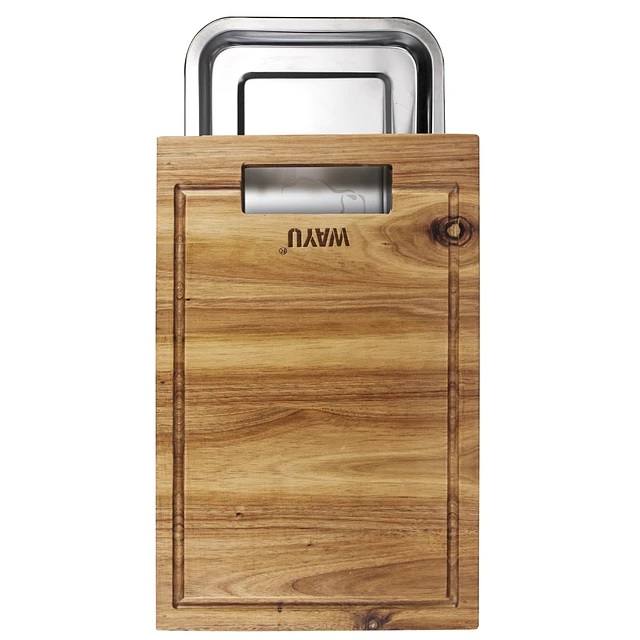 TABLA DE MADERA ACACIA WAYU CON BANDEJA DE ACERO RECTANGULAR - 1