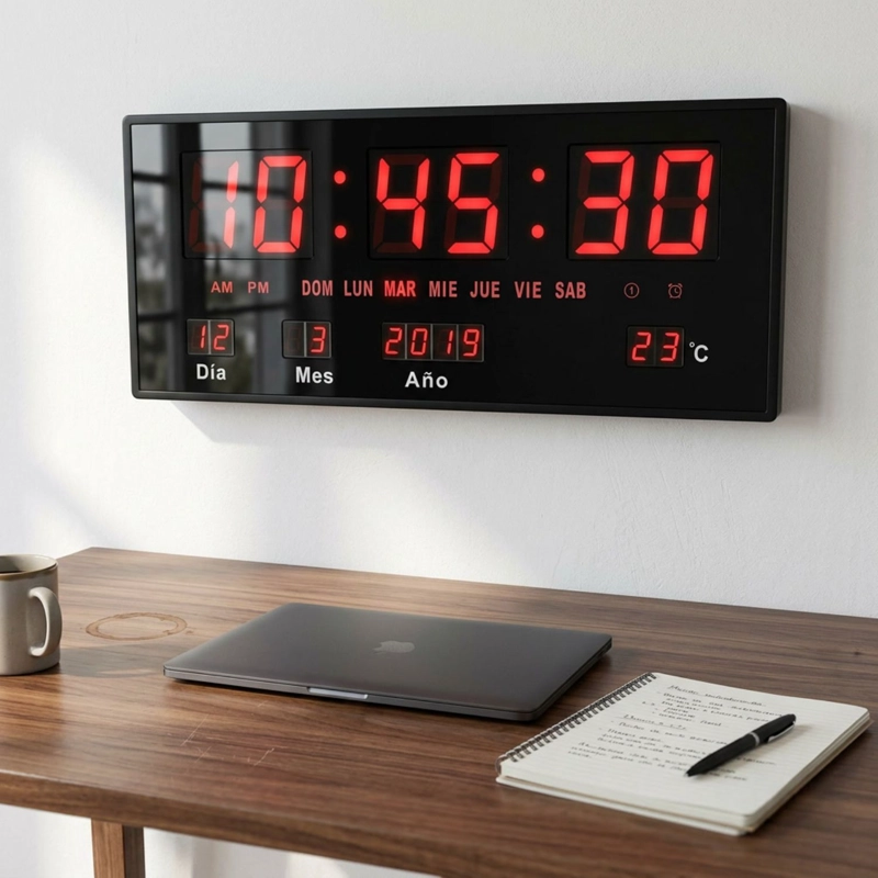 RELOJ DIGITAL PARED LUZ LED HORA FECHA TEMPERATURA 36X15CM - 2
