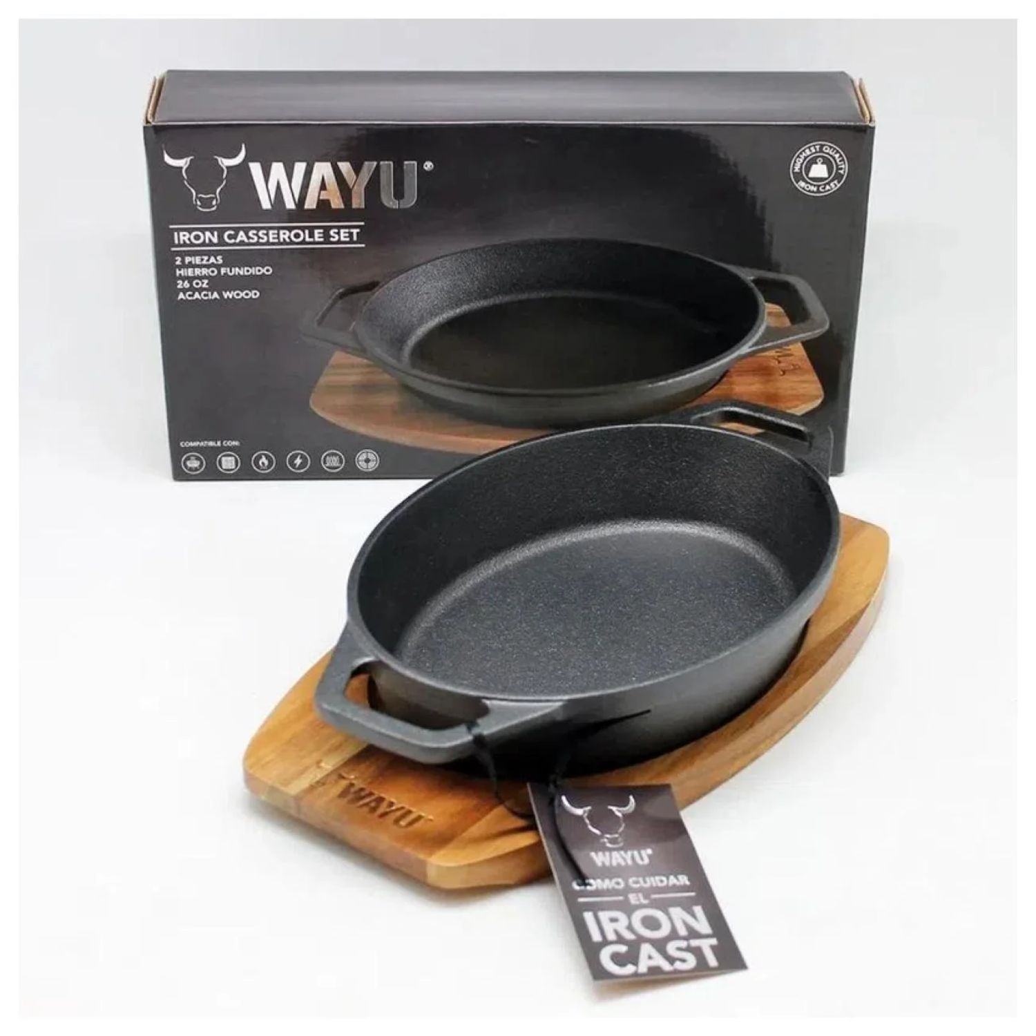CACEROLA 24CM WAYU IRON CAST BASE MADERA COCINA ACERO - 5