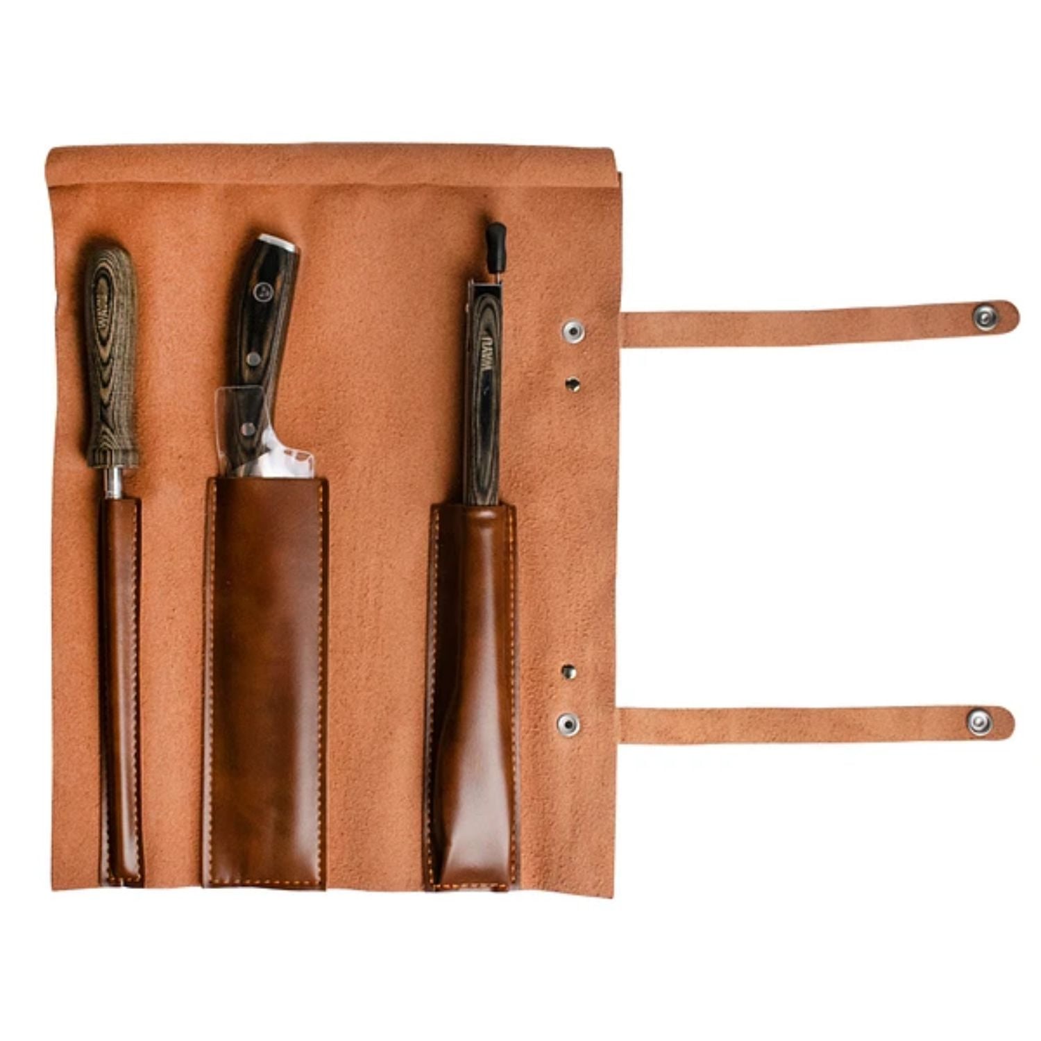 SET PARRILLERO CUERO 3 PIEZAS WAYU CUCHILLO PINZAS AFILADOR COCINA - 1