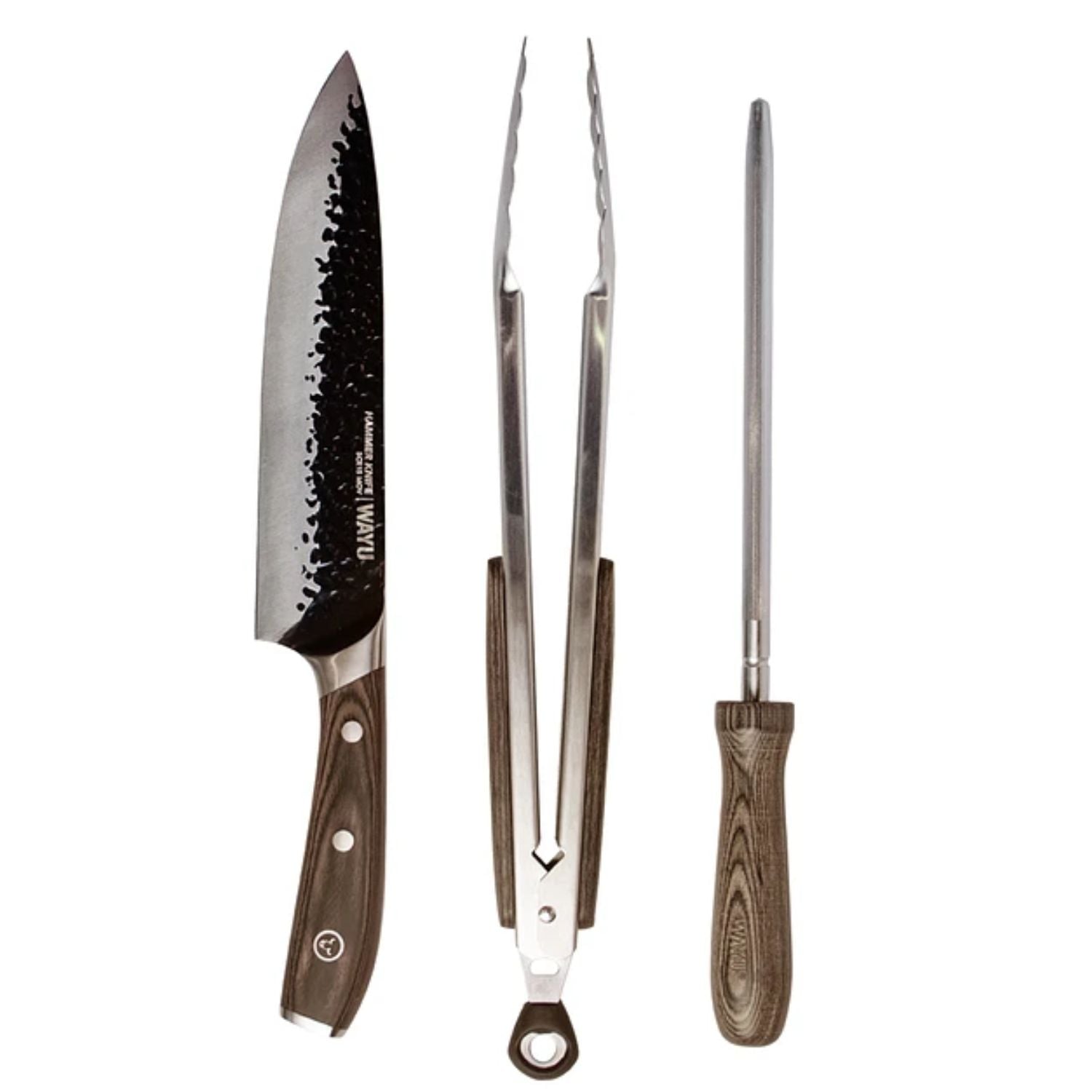SET PARRILLERO CUERO 3 PIEZAS WAYU CUCHILLO PINZAS AFILADOR COCINA - 3