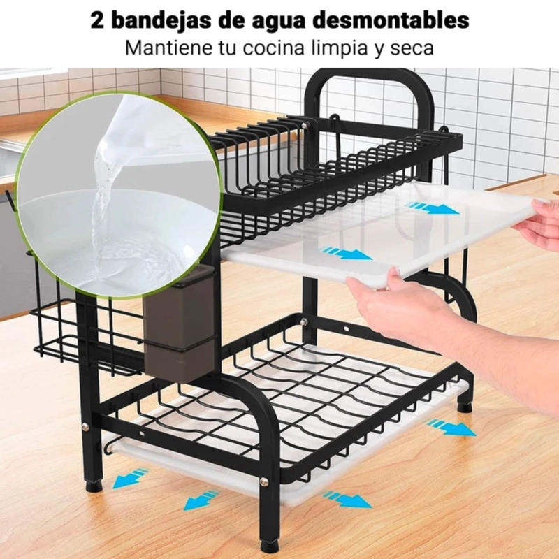 ESCURRIDOR PLATOS DOBLE NIVEL COCINA ORGANIZADOR NEGRO - 4