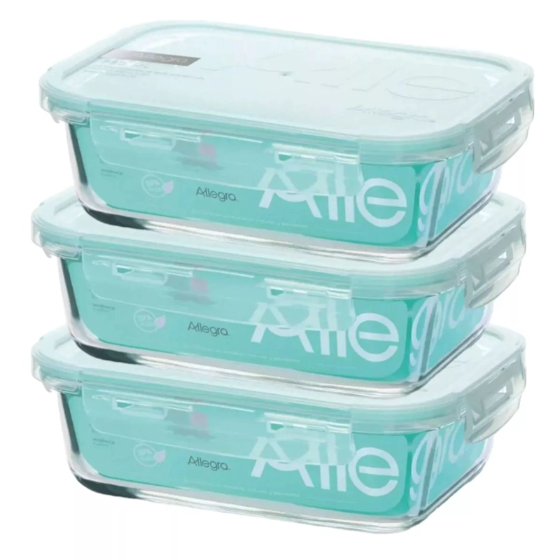 PACK 3 CONTENEDORES HERMETICO VIDRIO RECTANGULAR 600ML ALLEGRA - 1