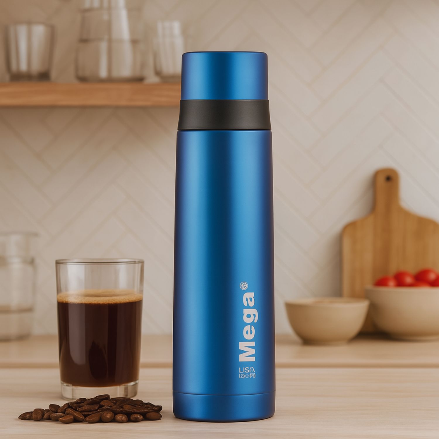 TERMO MEGA SLIM IV 470ML ACERO INOXIDABLE METALICO TE EN COLOR CAFE AZUL - 1
