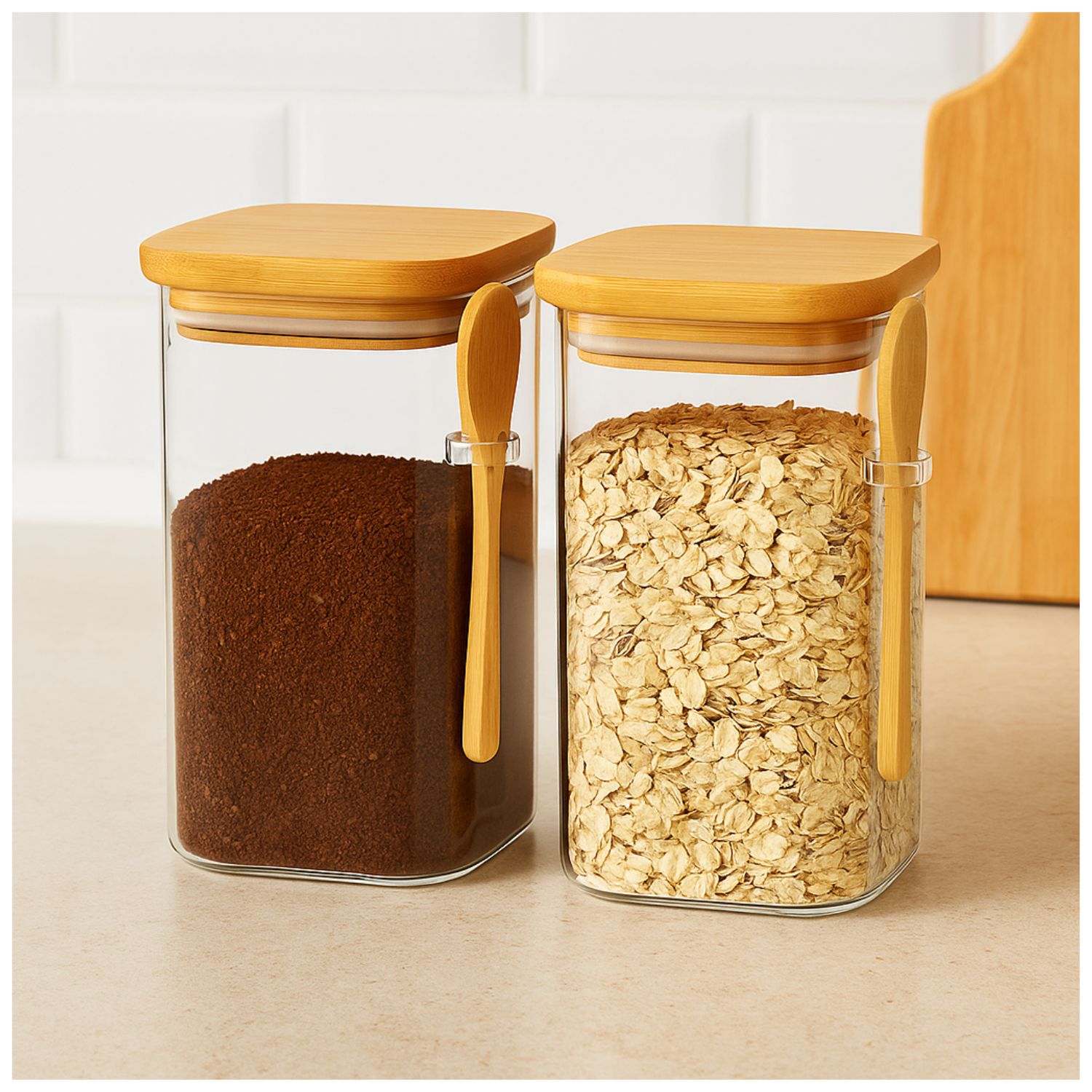 SET 2 FRASCOS CONTENEDORES 900ML VIDRIO 15CM CUADRADO CUCHARA - 1