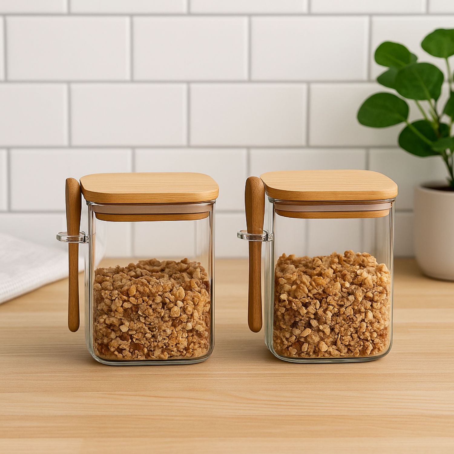 SET 3 FRASCOS CONTENEDORES 570ML 10CM CUADRADO CUCHARA BAMBÚ - 3