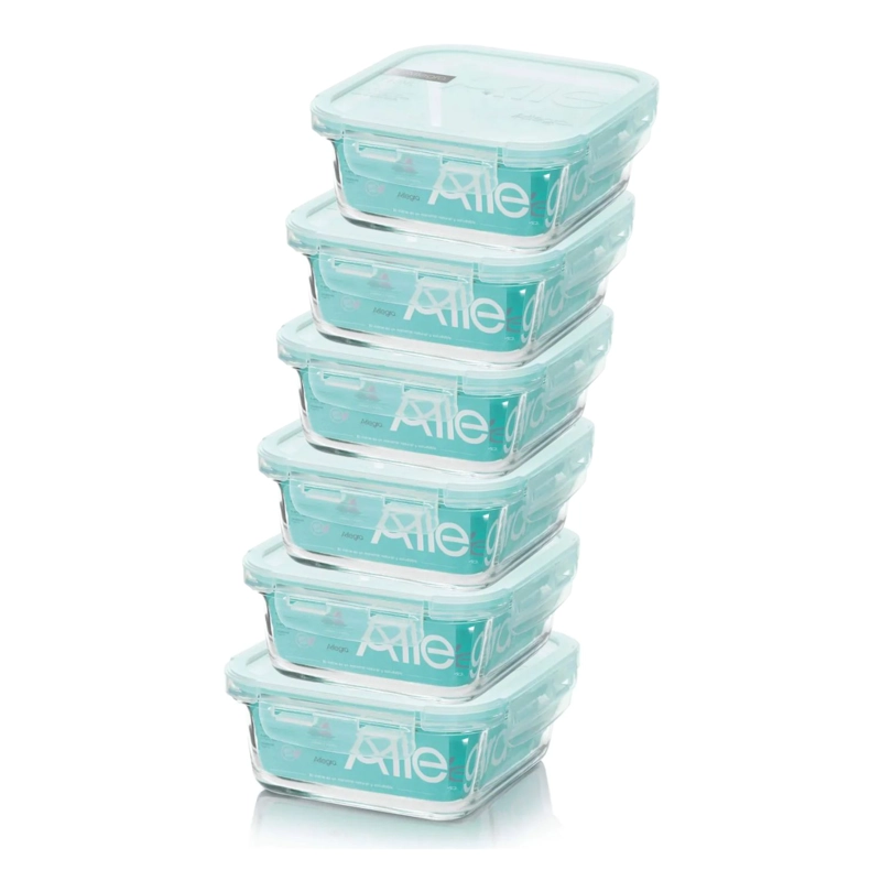 SET 6 CONTENEDORES HERMETICO VIDRIO CUADRADO 380ML ALLEGRA - 1