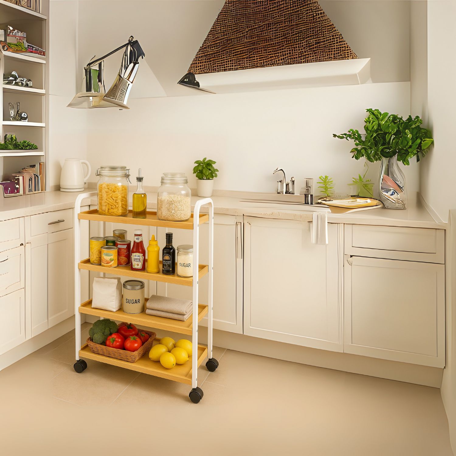 ESTANTE ALMACENAMIENTO CON 4 NIVELES DE MADERA CON RUEDAS - 3