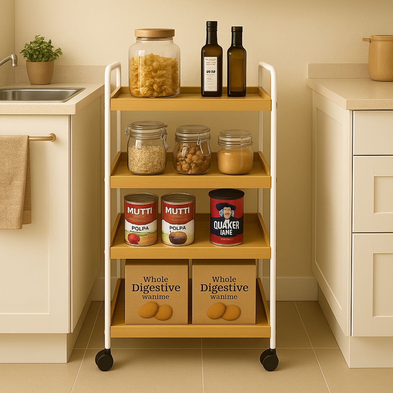 ESTANTE ALMACENAMIENTO CON 4 NIVELES DE MADERA CON RUEDAS - 4