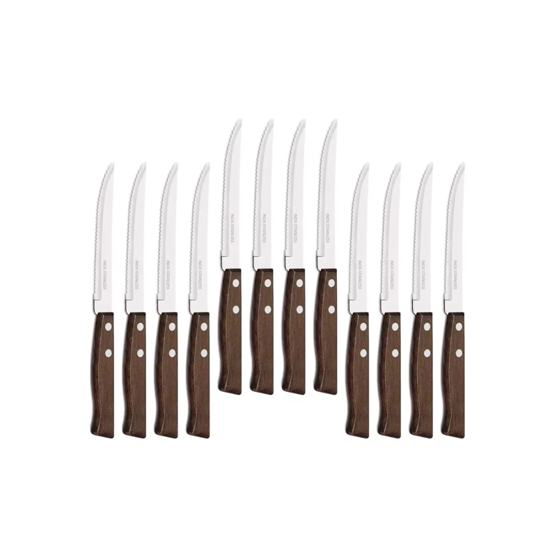 PACK 12 CUCHILLOS ACERO CUBIERTOS MADERA ASADO - 1