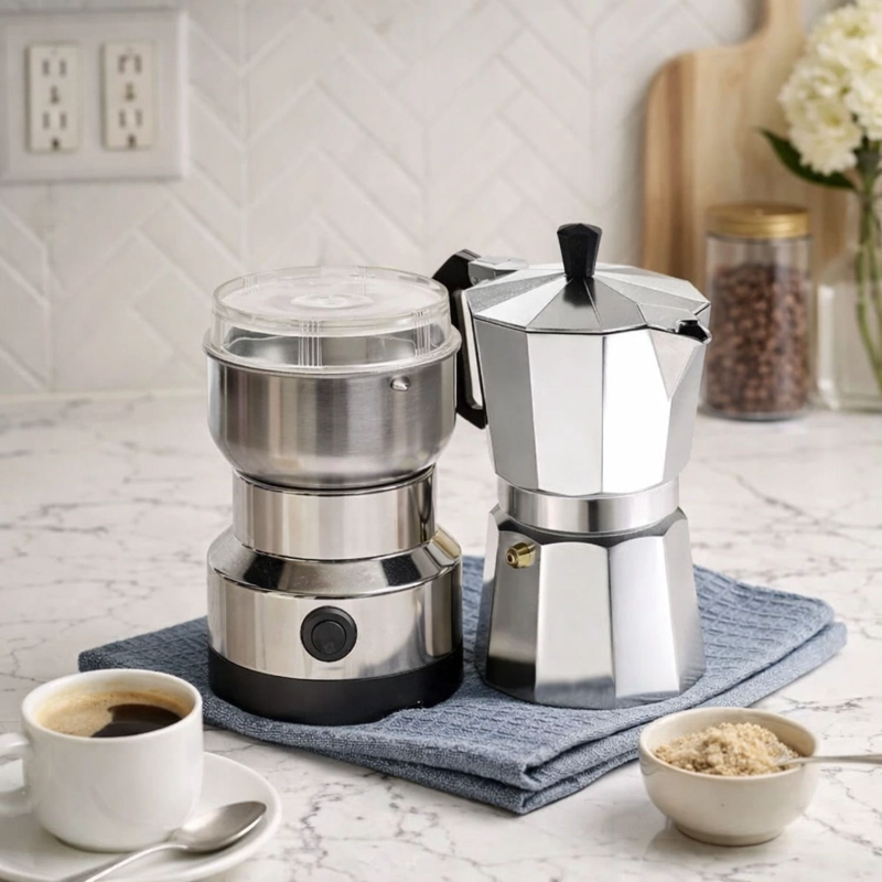 MOLEDOR ELE CTRICO DE CAFE  + CAFETERA ITALIANA GRECA 3 TAZAS COLOR GRIS - 3