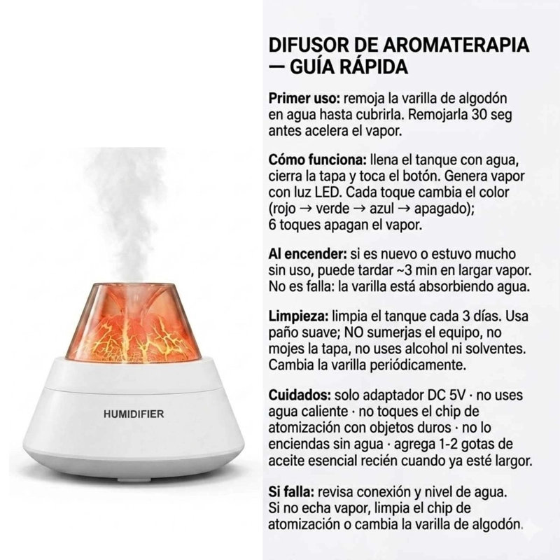HUMIDIFICADOR VOLCAN DIFUSOR AROMAS LUZ LED USB 250ML BLANCO - 8