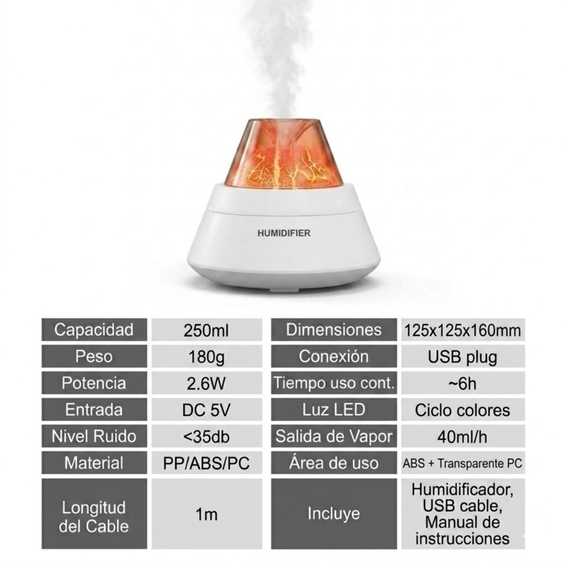 HUMIDIFICADOR VOLCAN DIFUSOR AROMAS LUZ LED USB 250ML BLANCO - 9