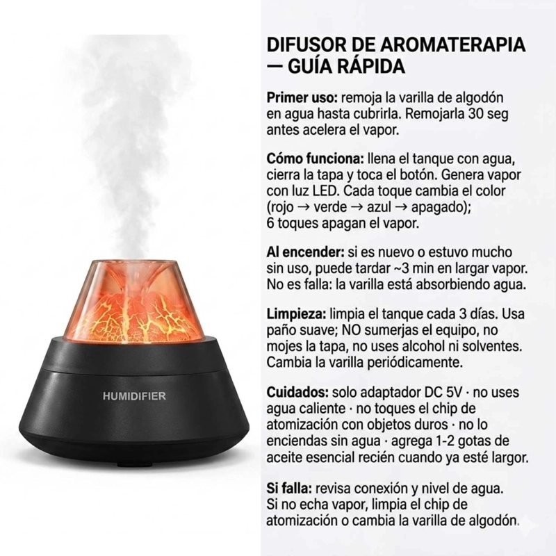 HUMIDIFICADOR DIFUSOR AROMAS VOLCAN 250ML USB LED NEGRO - 8