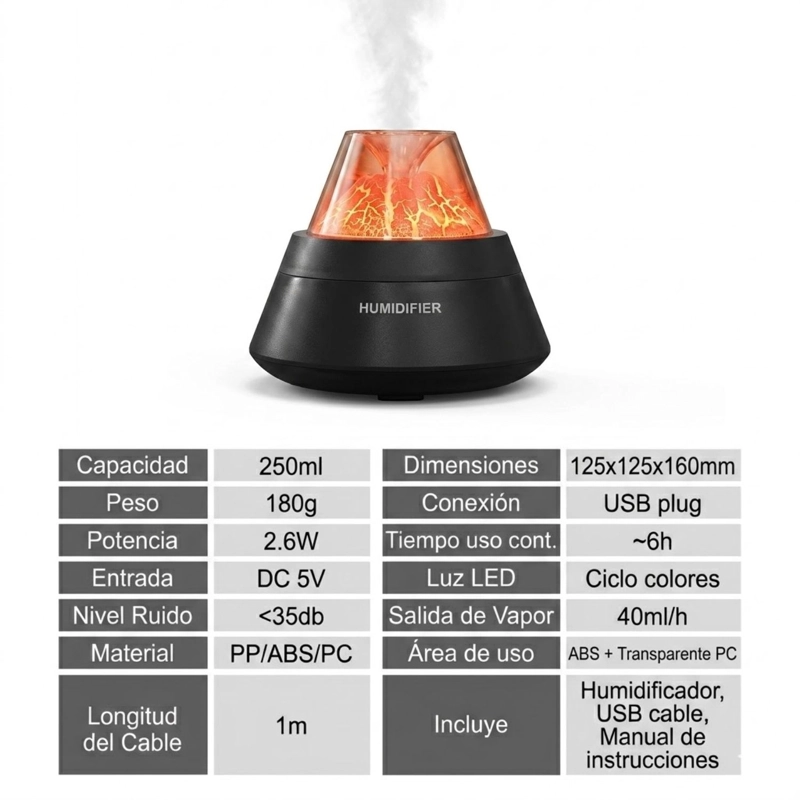 HUMIDIFICADOR DIFUSOR AROMAS VOLCAN 250ML USB LED NEGRO - 9