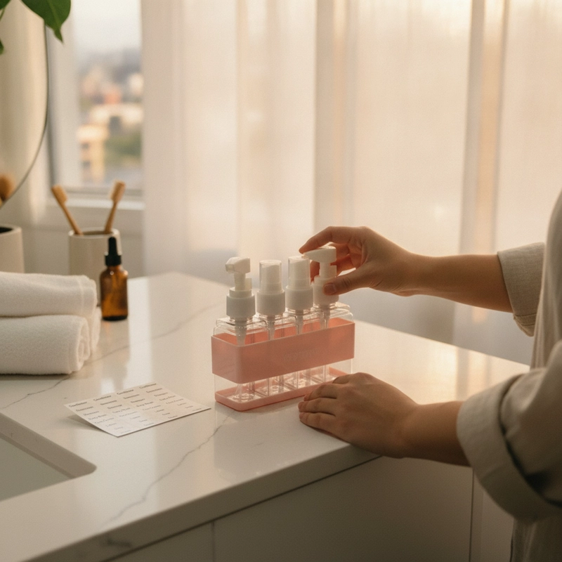 SET 4 BOTELLAS SPRAY ORGANIZADOR BAÑO ROSA 12CM - 3