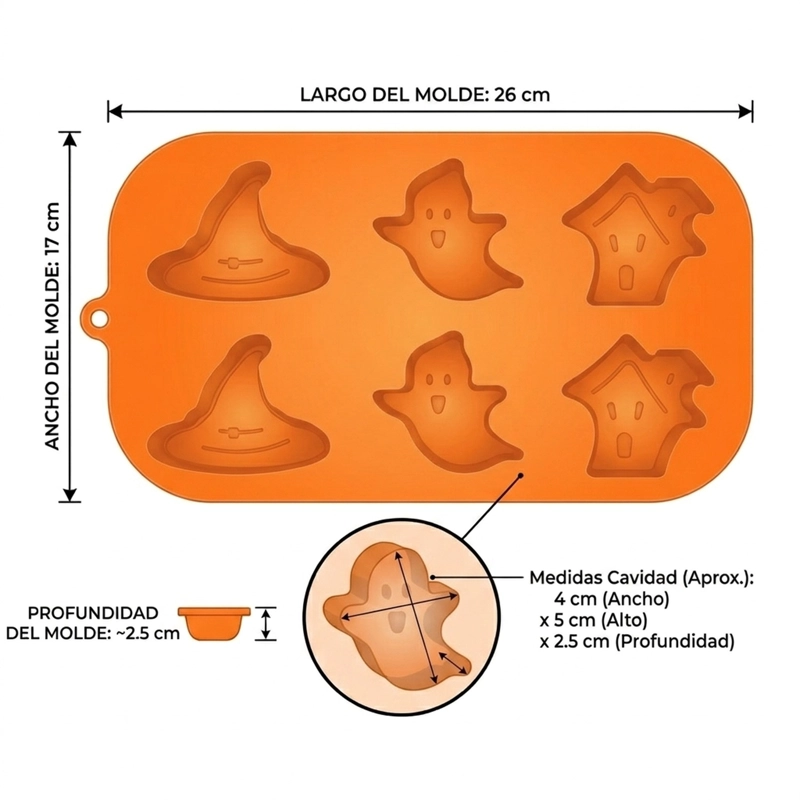 MOLDE SILICONA HALLOWEEN 6 CAVIDADES FANTASMAS NARANJA - 7