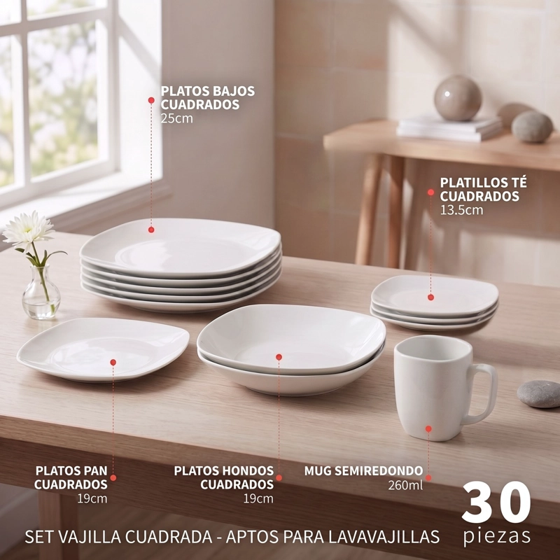 JUEGO VAJILLA 60 PIEZAS CERAMICA CUADRADA 12 PERSONAS BLANCO - 9