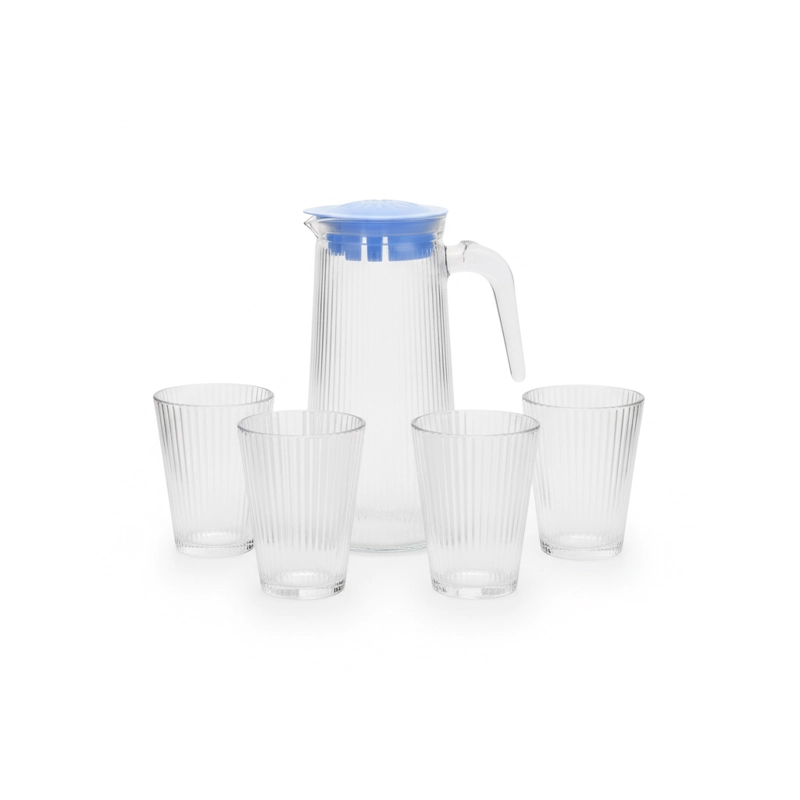 SET JARRA VIDRIO 750ML CON 4 VASOS 160ML JUGOS BEBIDA RAYAS - 1