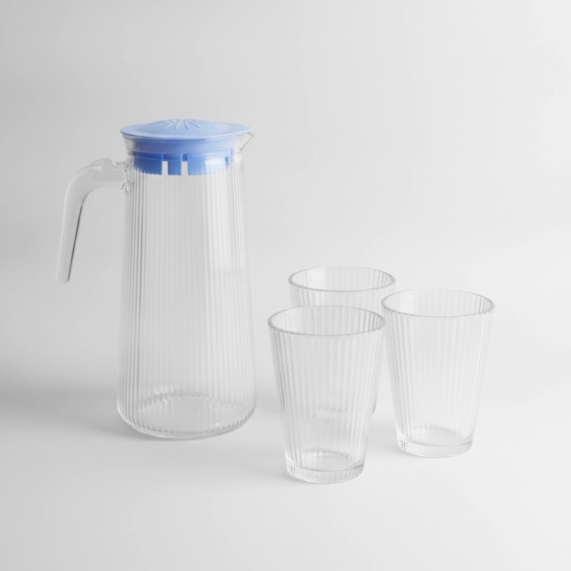 SET JARRA VIDRIO 750ML CON 4 VASOS 160ML JUGOS BEBIDA RAYAS - 3