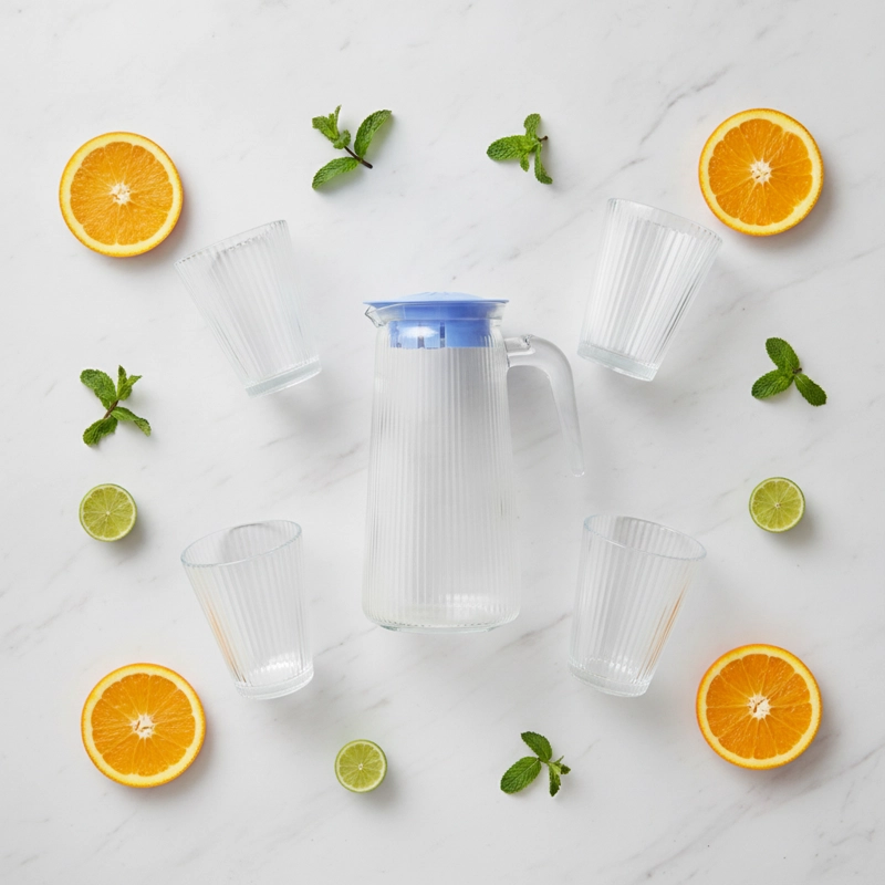 SET JARRA VIDRIO 750ML CON 4 VASOS 160ML JUGOS BEBIDA RAYAS - 4