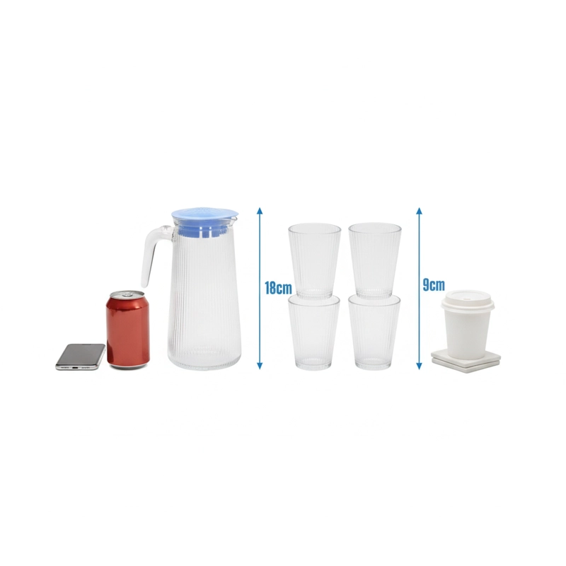 SET JARRA VIDRIO 750ML CON 4 VASOS 160ML JUGOS BEBIDA RAYAS - 5
