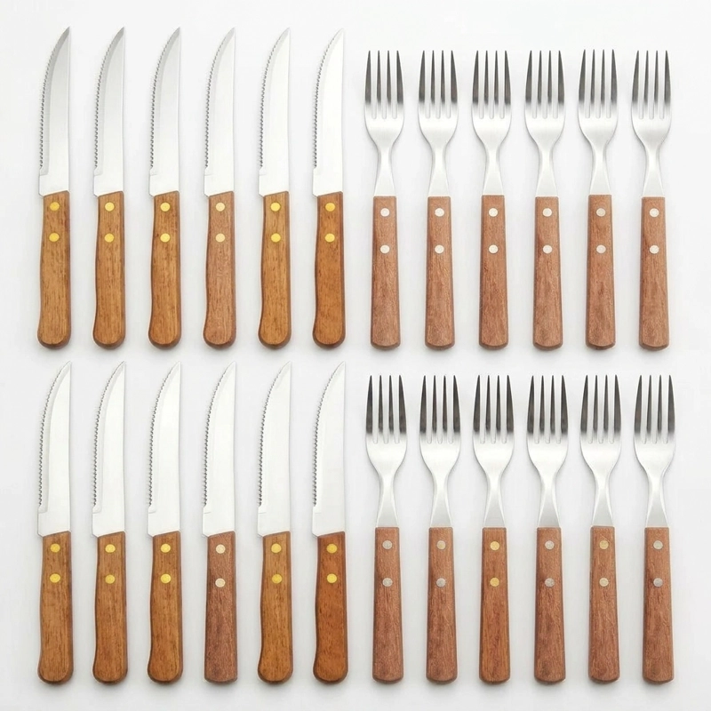 SET CUBIERTOS MADERA 24 PZS TENEDOR CUCHILLO ASADO ACERO - 1