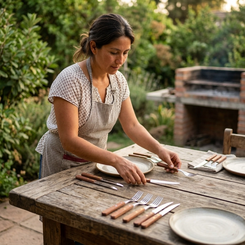 SET CUBIERTOS MADERA 24 PZS TENEDOR CUCHILLO ASADO ACERO - 4