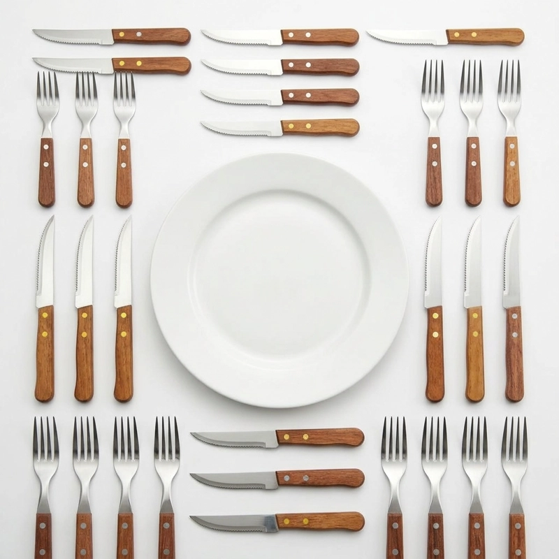 SET CUBIERTOS MADERA 24 PZS TENEDOR CUCHILLO ASADO ACERO - 6