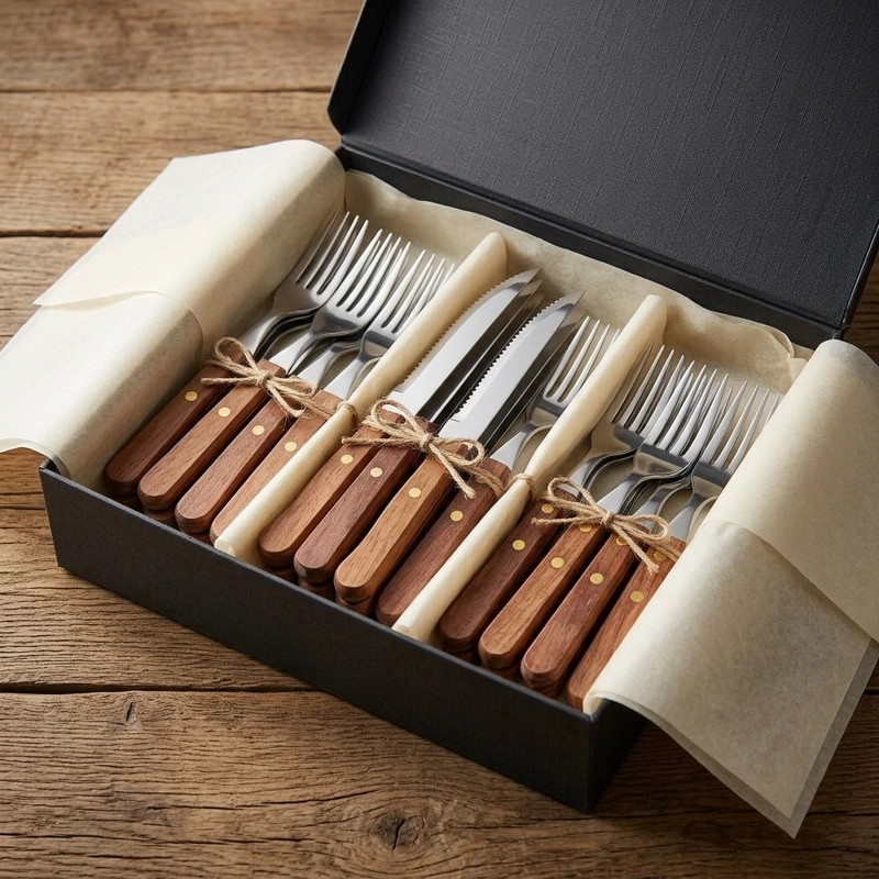 SET CUBIERTOS MADERA 24 PZS TENEDOR CUCHILLO ASADO ACERO - 7