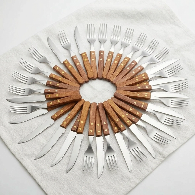 SET CUBIERTOS MADERA 24 PZS TENEDOR CUCHILLO ASADO ACERO - 8