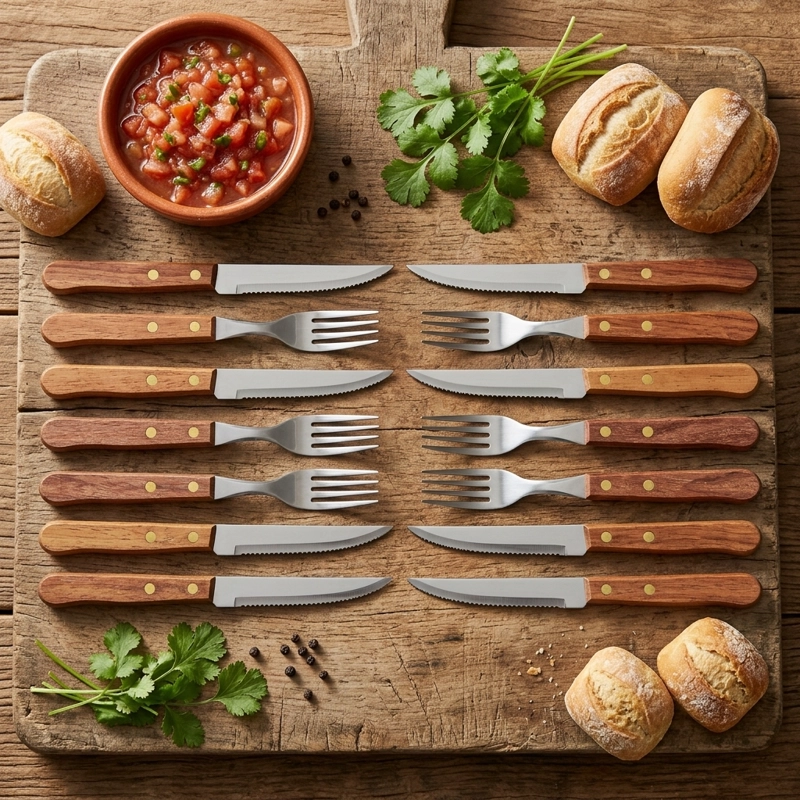 SET CUBIERTOS MADERA 24 PZS TENEDOR CUCHILLO ASADO ACERO - 9