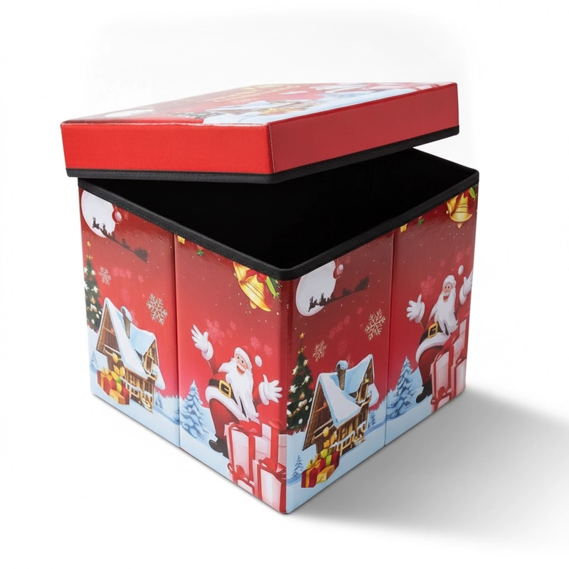 PUFF NAVIDEÑO PLEGABLE 30X30X30CM BAUL ORGANIZADOR ASIENTO - 3